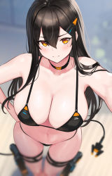 Rule 34 | 1girl, bare arms, bare shoulders, black choker, black hair, blurry, blush, breasts, choker, cleavage, closed mouth, collarbone, depth of field, from above, hair between eyes, hair ornament, hand on own hip, hayabusa, highres, large breasts, long hair, looking at viewer, looking up, mole, mole on breast, mole on stomach, mole under eye, navel, orange eyes, original, sideboob, solo, thigh strap