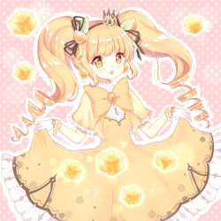 Rule 34 | 1girl, black ribbon, blonde hair, bow, breasts, brooch, brown eyes, character request, commentary request, crown, cube, dress, food fantasy, frilled sleeves, frills, gloves, hair ornament, hair ribbon, hexagram, highres, jewelry, light (luxiao deng), long hair, mini crown, open mouth, orange bow, pink background, polka dot, polka dot background, ribbon, ringlets, sidelocks, skirt hold, small breasts, solo, striped, striped bow, symbol-shaped pupils, teeth, twintails, upper teeth only, very long hair, white gloves, wide sleeves, yellow bow, yellow dress