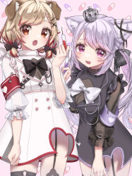 Rule 34 | 2girls, :o, absurdres, ahoge, alternate costume, animal ears, armband, black bow, black dress, black ribbon, black thighhighs, blush, bow, breasts, brown eyes, brown hair, buttons, cat ears, cat girl, commentary request, cowboy shot, crown, dog ears, dog tail, dress, ear ribbon, fang, flat chest, garter straps, glint, hair bow, heart, highres, holding, holding syringe, ina uruu, large breasts, long hair, looking at viewer, low twintails, mini crown, multicolored hair, multiple girls, nanashi inc., nurse, open mouth, paid reward available, pill, pink background, pink eyes, pink hair, purple hair, red hair, ribbon, seshima rui, skin fang, smile, streaked hair, syringe, tail, tamotsu (mary), thighhighs, twintails, two-tone hair, virtual youtuber, white bow, white dress