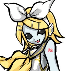 Rule 34 | 1girl, black eyes, black sclera, blonde hair, blue skin, colored sclera, colored skin, detached sleeves, hair ornament, hair ribbon, hairclip, headset, kagamine hiso, kagamine rin, lowres, niconico, no eyebrows, open mouth, ribbon, simple background, solo, upper body, vocaloid