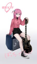 Rule 34 | 1girl, absurdres, alternate costume, black shorts, bocchi the rock!, danny marx, full body, gotoh hitori, guitar, highres, instrument, japanese text, looking at viewer, pink hair, pink shirt, shirt, shoes, short shorts, shorts, simple background, sitting, solo, white background