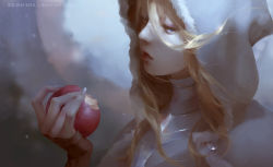 Rule 34 | 1girl, apple, armor, artist name, blonde hair, blue eyes, breastplate, commentary request, food, fruit, fur trim, gloves, grey eyes, half-closed eyes, holding, holding food, holding fruit, hood, hood up, jlien-, lips, long hair, long sleeves, looking at viewer, lower teeth only, open mouth, original, parted lips, portrait, solo, teeth, upper body