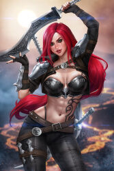 Rule 34 | 1girl, artist name, ayya sap, breasts, cleavage, gloves, green eyes, holding, holding sword, holding weapon, katarina (league of legends), knife, large breasts, league of legends, long hair, looking at viewer, medium breasts, midriff, navel, pinup (style), red hair, scar, scar across eye, scar on face, smile, solo, sword, weapon