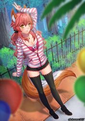 Rule 34 | 1girl, animal ear fluff, animal ears, arm up, balloon, batusawa, black footwear, black shorts, black thighhighs, blurry, blurry foreground, bow, bow bra, bra, breasts, cleavage, collarbone, fate/grand order, fate (series), fox ears, fox tail, full body, hair between eyes, high heels, highres, jacket, jewelry, long hair, medium breasts, necklace, official alternate costume, partially unzipped, red bra, red hair, short shorts, shorts, solo, standing, striped clothes, striped jacket, tail, tamamo (fate), tamamo no mae (fate/extra), tamamo no mae (spring casual) (fate), thighhighs, underwear, v, very long hair, white bow, yellow theme, zettai ryouiki