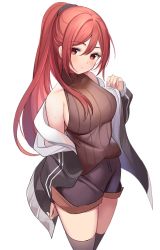 Rule 34 | 1girl, black jacket, black shorts, black thighhighs, breasts, brown sweater, closed mouth, hair between eyes, jacket, long hair, long sleeves, looking at viewer, medium breasts, mingita (ry thae), original, ponytail, red eyes, red hair, ry thae, shorts, simple background, solo, sweater, thighhighs, thighs, white background
