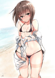 Rule 34 | 1girl, alternate costume, beach, bikini, black bikini, blurry, blush, breasts, brown eyes, brown hair, closed mouth, commentary request, contemporary, depth of field, embarrassed, hair between eyes, highres, kantai collection, looking at viewer, looking down, micro bikini, ocean, shirt, short hair with long locks, signature, small breasts, solo, swimsuit, taihou (kancolle), thick thighs, thighs, twitter username, white shirt, wide hips, yukishiro arte