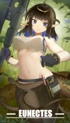 Rule 34 | &gt;:(, 1girl, absurdres, ahoge, animal ears, arknights, backlighting, belt, black gloves, black hair, blue eyes, blue gloves, blue hair, breasts, brown pants, character name, closed mouth, colored inner hair, crop top, dated, day, eunectes (arknights), eunectes (forgemaster) (arknights), gloves, highres, holding, holding weapon, large breasts, looking at viewer, multicolored hair, navel, official alternate costume, outdoors, pants, pointy ears, snake tail, solo, stomach, tail, thigh gap, torn clothes, two-tone gloves, two-tone hair, underboob, v-shaped eyebrows, weapon, zhadao lza