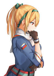 Rule 34 | 1girl, absurdres, belt, blonde hair, blue jacket, breasts, brown gloves, crossed arms, girls&#039; frontline, gloves, green ribbon, hair ribbon, hairband, hand on own head, highres, huge filesize, jacket, long hair, looking down, medium breasts, muteppona hito, profile, red eyes, ribbon, russian flag, scarf, solo, sv-98 (girls&#039; frontline), white background, white scarf