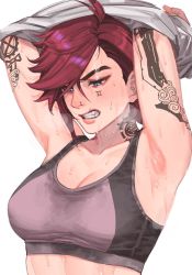 Rule 34 | 1girl, arcane: league of legends, armpits, arms behind head, arms up, blush, breasts, cleavage, female focus, highres, league of legends, medium breasts, noriuma, nose piercing, piercing, red hair, shiny skin, short hair, simple background, solo, sports bra, sweat, sweat stain, tattoo, teeth, tomboy, undressing, upper body, vi (league of legends), wet, wet clothes, white background