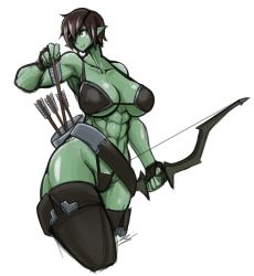 Rule 34 | 1girl, abs, arrow (projectile), artist request, bikini, boots, bow (weapon), breasts, cleavage, colored skin, eyepatch, fang, female orc, green skin, large breasts, monster girl, orc, pointy ears, short hair, solo, swimsuit, thigh boots, thighhighs, weapon