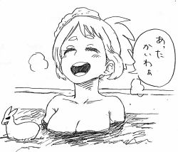 Rule 34 | 10s, 1girl, blush, boku no hero academia, breasts, cleavage, collarbone, commentary request, closed eyes, greyscale, highres, large breasts, monochrome, onsen, partially submerged, short hair, solo, speech bubble, translation request, uraraka ochako, water, zaki23