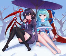 Rule 34 | 2girls, absurdres, asymmetrical wings, bare tree, barefoot, black hair, black thighhighs, blue eyes, blue hair, blue nails, blue skirt, blue sky, blue wings, blush, bow, bowtie, breasts, bubble tea, buttons, capelet, center frills, clear sky, closed mouth, commentary request, dress, frills, full body, fur-trimmed capelet, fur-trimmed skirt, fur trim, grey dress, hair between eyes, heterochromia, highres, houjuu nue, juliet sleeves, karakasa obake, long bangs, long sleeves, looking at viewer, medium bangs, medium breasts, medium hair, multiple girls, nail polish, no shoes, pointy ears, puffy sleeves, purple umbrella, qinyuzhen, red bow, red bowtie, red eyes, red wings, shirt, short dress, short sleeves, sitting, skirt, sky, smile, snow, tatara kogasa, thighhighs, toenail polish, toenails, tongue, touhou, tree, umbrella, white capelet, white shirt, wings