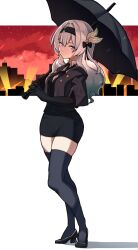Rule 34 | 1girl, absurdres, black footwear, black gloves, black hairband, black jacket, black shirt, black thighhighs, black umbrella, closed mouth, commentary, cropped jacket, elbow gloves, firefly (honkai: star rail), full body, gloves, grey hair, grimmelsdathird, hairband, hashtag-only commentary, high heels, highres, honkai: star rail, honkai (series), jacket, looking at viewer, pencil skirt, purple eyes, serious, shirt, skirt, solo, standing, thighhighs, umbrella, umbrella over shoulder, white background