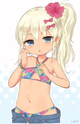 Rule 34 | 1girl, bikini, blonde hair, blue eyes, blush, bow, denim, denim shorts, flat chest, flower, grecale (kancolle), hair bow, hair flower, hair ornament, highres, jewelry, kantai collection, koeda (koeda1kg), long hair, multicolored bikini, multicolored clothes, necklace, open clothes, open mouth, open shorts, polka dot, polka dot background, ponytail, shorts, signature, simple background, solo, swimsuit, two-tone background