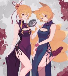 Rule 34 | 2girls, :p, adapted costume, alternate hairstyle, animal ears, artist name, bare legs, bare shoulders, blonde hair, breasts, china dress, chinese clothes, cleavage, cleavage cutout, clothing cutout, commentary request, cross-laced clothes, dress, feet out of frame, folding fan, fox ears, fox tail, gloves, grey background, hair between eyes, hair bun, hair ribbon, hand fan, hand up, head tilt, highres, holding, holding fan, large breasts, looking at viewer, medium breasts, multiple girls, no headwear, open mouth, petals, purple footwear, red eyes, red ribbon, ribbon, shiny skin, shoes, short hair, side slit, sidelocks, single hair bun, skirt hold, sleeveless, sleeveless dress, standing, standing on one leg, surumeri (baneiro), tail, thighs, tongue, tongue out, touhou, twitter username, white gloves, wristband, yakumo ran, yakumo yukari