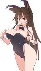 Rule 34 | 1girl, alternate costume, animal ears, bare arms, bare shoulders, black bow, black bowtie, blush, bow, bowtie, breasts, brown eyes, brown hair, cleavage, cowboy shot, detached collar, fake animal ears, hair between eyes, imaizumi kagerou, kamukamu (ars), large breasts, leotard, long hair, parted lips, playboy bunny, rabbit ears, simple background, sketch, solo, standing, sweat, thighs, touhou, very long hair, wavy mouth, white background, wolf ears, wrist cuffs