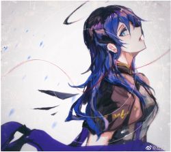 Rule 34 | 1girl, arknights, black capelet, black halo, blue eyes, blue hair, border, capelet, chinese commentary, commentary request, dark halo, detached wings, energy wings, from side, hair between eyes, halo, highres, long hair, looking at viewer, mostima (arknights), open mouth, sideways glance, solo, weibo watermark, white border, wings, zuo daoxing