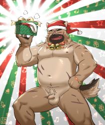 Rule 34 | 1boy, bad id, bad pixiv id, bara, bell, belly, blush, box, brown fur, christmas, collar, completely nude, contrapposto, dog boy, fangs, fat, fat man, feet out of frame, flaccid, foreskin, fox boy, fox tail, furry, furry male, gift, gift box, hat, highres, jeck (2184521), large pectorals, legs apart, male focus, male pubic hair, muscular, muscular male, navel, navel hair, neck bell, nipples, nude, official alternate costume, pectorals, penis, pubic hair, santa hat, scar, scar on chest, short hair, small penis, solo, stomach, tail, thick thighs, thighs, tokyo houkago summoners, uncensored, yasuyori (housamo)