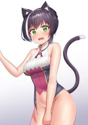 Rule 34 | 1girl, animal ear fluff, animal ears, bad id, bad pixiv id, bare arms, bare shoulders, black hair, blue background, blush, bottomless, breasts, cat ears, cat girl, cat tail, commentary request, covering privates, covering crotch, deaver, embarrassed, fang, gem, gradient background, green eyes, groin, hair between eyes, highres, karyl (princess connect!), long hair, looking at viewer, multicolored hair, navel, no panties, nose blush, open mouth, princess connect!, shirt, simple background, sleeveless, sleeveless shirt, solo, streaked hair, tail, tail raised, tearing up, white background, white hair