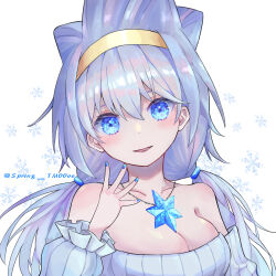 1girl arm_up bare_shoulders blue_eyes blue_nails blush breasts cleavage collarbone commentary_request crossed_bangs detached_sleeves dress hair_between_eyes hairband jewelry large_breasts long_hair looking_at_viewer low_twintails off-shoulder_dress off_shoulder snowflakes solo sparkling_eyes spring_tm00oo star_pendant tensei_shitara_slime_datta_ken twintails twitter_username upper_body velzard_(tensura) white_background white_dress white_hair white_sleeves yellow_hairband