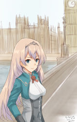Rule 34 | 1girl, anatamo, blonde hair, blue eyes, closed mouth, dress, elizabeth tower, flower, green jacket, hair between eyes, jacket, kantai collection, london, long hair, long sleeves, one-hour drawing challenge, red flower, red rose, rose, solo, tiara, united kingdom, victorious (kancolle), white dress