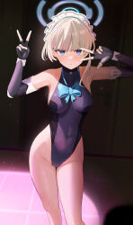 Rule 34 | 1girl, absurdres, armpits, bare shoulders, black gloves, blonde hair, blue archive, blue bow, blue bowtie, blue eyes, blunt bangs, bow, bowtie, breasts, covered navel, double v, elbow gloves, fingerless gloves, gloves, groin, halo, highleg, highres, kirikawa, leotard, looking at viewer, maid headdress, medium breasts, short hair, solo, toki (blue archive), v