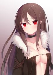 Rule 34 | 1girl, absurdres, black collar, black dress, black jacket, breasts, brown hair, center opening, cleavage, collar, collarbone, yu mei-ren (fate), dress, fate/grand order, fate (series), firepo, fur-trimmed jacket, fur trim, hair between eyes, highres, jacket, long hair, long sleeves, looking at viewer, medium breasts, red eyes, revealing clothes, solo, strapless, strapless dress, upper body, very long hair