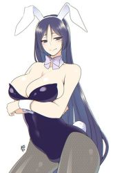 Rule 34 | 1girl, animal ears, artist name, bare arms, bare shoulders, blush, bow, bowtie, breasts, cleavage, closed mouth, contrapposto, covered navel, crossed arms, detached collar, fake animal ears, fate/grand order, fate (series), fishnet pantyhose, fishnets, hair between eyes, hands up, large breasts, leotard, long hair, looking at viewer, minamoto no raikou (fate), pantyhose, parted bangs, playboy bunny, purple bow, purple bowtie, purple hair, rabbit ears, rabbit tail, simple background, smile, solo, standing, suzuki nene, tail, very long hair, white background, wrist cuffs