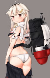 Rule 34 | 10s, 1girl, agnam ore, antenna hair, ass, bad id, bad pixiv id, bare back, black ribbon, black serafuku, black skirt, blonde hair, blunt bangs, breasts, burnt clothes, closed mouth, cowboy shot, embarrassed, flag, from behind, frown, gradient hair, grey background, hair flaps, hair ornament, hair ribbon, hairclip, highres, kantai collection, lips, long hair, looking back, machinery, multicolored hair, panties, pink hair, pleated skirt, red eyes, ribbon, rigging, scarf, school uniform, serafuku, shirt, short sleeves, simple background, skirt, small breasts, solo, standing, torn clothes, torn shirt, underboob, underwear, undressing, white flag, white panties, white scarf, yuudachi (kancolle), yuudachi kai ni (kancolle)