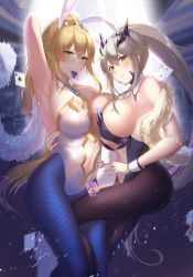 Rule 34 | 2girls, absurdres, animal ears, arm behind head, armpits, artoria pendragon (all), artoria pendragon (fate), artoria pendragon (lancer) (fate), artoria pendragon (lancer alter) (fate), artoria pendragon (swimsuit ruler) (fate), bare shoulders, blonde hair, blue pantyhose, blush, braid, breasts, card, cleavage, detached collar, fake animal ears, fate/grand order, fate (series), fishnets, green eyes, hair between eyes, has bad revision, has downscaled revision, highres, holding, l.kili, large breasts, leotard, long hair, looking at viewer, md5 mismatch, mouth hold, multiple girls, navel, necktie, pantyhose, playboy bunny, playing card, poker chip, ponytail, rabbit ears, resolution mismatch, sidelocks, source smaller, white leotard, wrist cuffs, yellow eyes