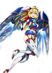 Rule 34 | black gloves, blonde hair, cowlick, gloves, green eyes, gundam, gundam wing, high heels, highres, i.takashi, mecha musume, mechanical wings, open mouth, personification, solo, thrusters, wing gundam zero, wings