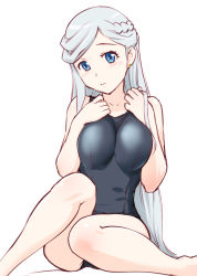 Rule 34 | 10s, 1girl, barefoot, black one-piece swimsuit, blue eyes, blush, braid, breast suppress, breasts, breasts squeezed together, earrings, french braid, half updo, head tilt, jewelry, large breasts, log horizon, long hair, looking at viewer, one-piece swimsuit, parted bangs, reinesia el arte cowen, school swimsuit, silver hair, simple background, sitting, solo, swept bangs, swimsuit, ueyama michirou, very long hair, wariza, white background