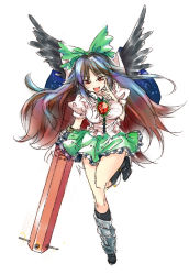 Rule 34 | 1girl, arm cannon, black hair, black wings, blue hair, bow, breasts, brown hair, cape, enone, female focus, hair bow, hand on own face, large breasts, long hair, multicolored hair, open mouth, pink hair, red eyes, reiuji utsuho, shirt, smile, solo, standing, standing on one leg, taut clothes, taut shirt, touhou, weapon, wings