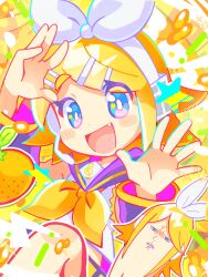 Rule 34 | 1girl, :d, blonde hair, blue eyes, blush, blush stickers, bow, crop top, detached sleeves, fang, food, fruit, hair bow, hair ornament, hairclip, halftone, hand up, headphones, headset, highres, kagamine rin, knee up, long sleeves, looking at viewer, midriff, open mouth, orange (fruit), parted bangs, rin no youchuu, sailor collar, shirt, short hair, sleeveless, sleeveless shirt, smile, sowao., sparkle, thick eyebrows, vocaloid