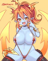 Rule 34 | &gt;:d, 1girl, :d, bad id, bad pixiv id, blue skin, blush, bracelet, breasts, cameltoe, choker, colored skin, earrings, fangs, gluteal fold, heart, hera-ur (p&amp;d), hera (p&amp;d), horns, jewelry, large breasts, looking at viewer, mashiro miru, matching hair/eyes, open mouth, orange eyes, orange hair, pointy ears, ponytail, pussy cutout, puzzle &amp; dragons, scrunchie, simple background, slingshot swimsuit, smile, solo, sparkling eyes, spread legs, swimsuit, tail, thighhighs, twitter username, v, v-shaped eyebrows