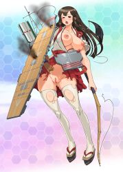 Rule 34 | 10s, akagi (kancolle), breasts, brown eyes, brown hair, cleft of venus, cosine, gloves, japanese clothes, kantai collection, large breasts, long hair, nipples, one eye closed, pussy, sandals, uncensored, wink