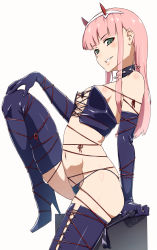 Rule 34 | 10s, 1girl, black gloves, black panties, boots, breasts, carbon12th, collar, commentary, corset, darling in the franxx, dominatrix, elbow gloves, gloves, green eyes, grin, hairband, high heel boots, high heels, highres, horns, knee up, leather, long hair, looking at viewer, medium breasts, navel, panties, parted lips, pink hair, shiny skin, simple background, sitting, skindentation, smile, solo, spiked collar, spikes, teeth, thigh boots, thighhighs, underwear, white background, white hairband, zero two (darling in the franxx)