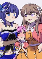 3girls :i =_= anyoji_hime asaka_karin between_breasts bloom_the_smile_bloom_the_dream! blue_hair blue_shirt blunt_bangs blush breasts brown_hair closed_mouth commentary_request cross-laced_clothes cross-laced_top dress face_between_breasts fujishima_megumi full-face_blush hair_intakes hair_ribbon head_between_breasts highres in-franchise_crossover jacket konpeitou1982 large_breasts link!_like!_love_live! long_hair looking_at_another love_live! love_live!_nijigasaki_high_school_idol_club love_live!_series_asia_tour_2024 medium_hair midriff multiple_girls navel neckerchief official_alternate_costume open_clothes open_jacket open_mouth orange_dress palms_together pink_hair pink_jacket ponytail purple_eyes ribbon shirt short-sleeved_jacket short_sleeves sidelocks simple_background smile starlight_(love_live!) strapless strapless_shirt two_side_up virtual_youtuber white_background white_ribbon yellow_neckerchief yuri