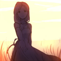 Rule 34 | 1girl, apron, artist request, backlighting, cloud, cowboy shot, dress, expressionless, field, fullmetal alchemist, green eyes, long hair, looking at viewer, outdoors, outstretched hand, sepia, simple background, sky, solo, solo focus, trisha elric