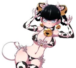 Rule 34 | 1girl, animal print, bell, neck bell, bikini, black hair, blush, braid, breasts, chinese zodiac, cleavage, collar, commentary request, cow horns, cow print, cow tail, elbow gloves, front-tie top, frown, gloves, grey eyes, hanya (hanya yashiki), highres, horns, large breasts, lin lin (one-punch man), looking at viewer, medium hair, navel, one-punch man, side-tie bikini bottom, solo, sweatdrop, swimsuit, tail, thighhighs, thighs, twin braids, year of the ox