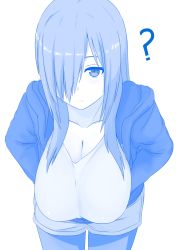 Rule 34 | 1girl, ?, blue theme, breasts, cleavage, hair over one eye, hanging breasts, highres, hood, hooded jacket, huge breasts, jacket, looking at viewer, monochrome, nao (ritsancrossover), open clothes, open jacket, original, pai-chan (naozuri), pantyhose, pantyhose under shorts, shorts, simple background, solo, white background