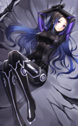 Rule 34 | 1girl, arms up, black bodysuit, black hair, blue hair, bodysuit, boots, breasts, commentary request, commission, forehead, gradient hair, high heel boots, high heels, highres, lunacle, lying, medium breasts, multicolored hair, on back, on ground, original, parted bangs, pixiv commission, purple eyes, solo