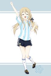Rule 34 | 1girl, 2010, 2010 fifa world cup, ^ ^, alternate hairstyle, argentina, argentinian flag, argentinian flag print, arm up, black shorts, blonde hair, blush, cleats, clenched hands, closed eyes, emblem, facepaint, flag print, food, full body, hair between eyes, highres, k-on!, kneehighs, kotobuki tsumugi, long hair, low twintails, md5 mismatch, outstretched arm, raised fist, revision, rokujou jun, shirt, shorts, soccer uniform, socks, solo, sportswear, striped clothes, striped shirt, striped socks, takuan, thick eyebrows, twintails, vertical-striped clothes, vertical-striped shirt, white socks, world cup