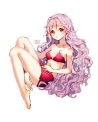 Rule 34 | 1girl, :o, absurdres, bandeau, barefoot, bettols, bikini, breasts, cleavage, curly hair, dated, feet, grey hair, highres, long hair, looking at viewer, navel, original, red eyes, simple background, sketch, small breasts, solo, swimsuit, white background