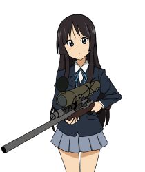 1girl akiyama_mio black_hair blue_eyes blue_jacket blue_skirt expressionless gun highres jacket k-on! looking_at_viewer rifle sakuragaoka_high_school_uniform school_uniform sketch skirt sniper_rifle solo team_fortress_2 the_freakin_yui weapon white_background