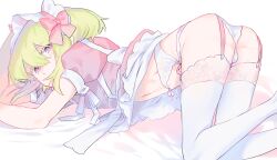 Rule 34 | 1boy, alternate costume, apron, ass, back bow, bed sheet, blonde hair, blush, bow, crossdressing, dress, from side, garter belt, garter straps, lio fotia, looking at viewer, maid, maid apron, maid headdress, male focus, moegi0926, navel, panties, pink dress, promare, puffy short sleeves, puffy sleeves, purple eyes, short hair, short sleeves, simple background, solo, thighhighs, thighs, top-down bottom-up, trap, underwear, white background, white panties, white thighhighs