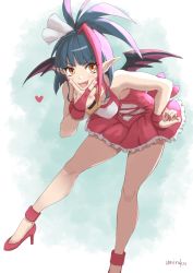 Rule 34 | 1girl, bare legs, bat wings, bent over, blue hair, blush, breasts, commentary request, dress, fangs, fingernails, frilled dress, frills, full body, gloves, highres, long fingernails, looking at viewer, medium breasts, millaarc, nail polish, open mouth, orange eyes, pink dress, pink hair, ponytail, senki zesshou symphogear, senki zesshou symphogear, short hair, sleeveless, sleeveless dress, smile, solo, standing, umiroku, v over mouth, vampire, wings
