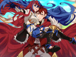 Rule 34 | 1boy, 1girl, alear (female) (fire emblem), alear (fire emblem), blue eyes, blue hair, blush, cape, carrying, carrying person, couple, crossed bangs, dark red hair, diamant (fire emblem), fire emblem, fire emblem engage, formal, hair slicked back, hetero, heterochromia, highres, holding, hug, long hair, multicolored hair, nintendo, open mouth, princess carry, red eyes, red hair, short hair, skirt, smile, spiked hair, split-color hair, streaked hair, suit, sv02chiyo, tiara, two-tone hair, very long hair