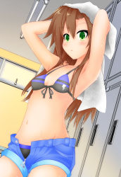 Rule 34 | 10s, 1girl, absurdres, armpits, blush, bra, breasts, brown hair, front-tie top, green eyes, highres, if (neptunia), kyou (hibikit), long hair, navel, neptune (series), parted lips, small breasts, solo, towel, underwear