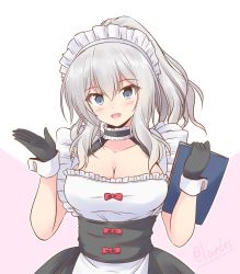 Rule 34 | 1girl, alternate costume, apron, black choker, black gloves, blue eyes, breasts, choker, cleavage, commentary request, enmaided, frilled choker, frills, gloves, highres, kantai collection, kashima (kancolle), large breasts, looking at viewer, maid, maid headdress, menu, one-hour drawing challenge, shizuna kaede, sidelocks, silver hair, solo, twintails, upper body, waitress, wavy hair, white apron